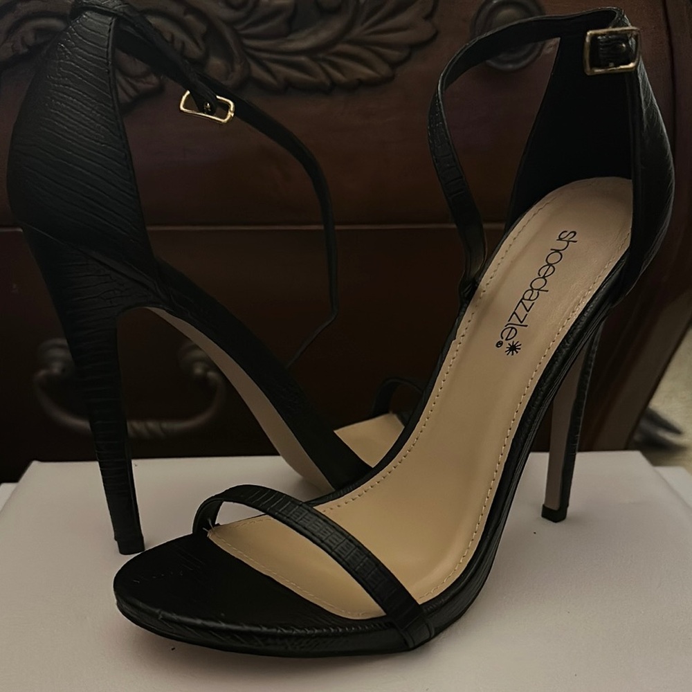 Shoe Dazzle Black Stiletto Heels with Ankle Strap